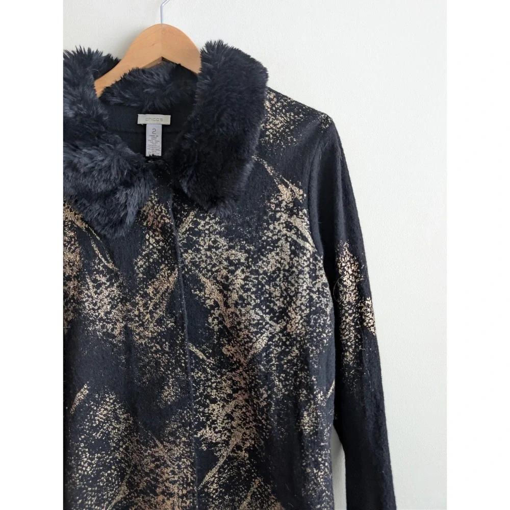 Chicos Black Gold Metallic Print Faux‎ Fur Collar Cardigan Sweater Jacket Sz L 2